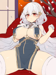 Rule 34 | 1girl, alternate costume, azur lane, black dress, blush, braid, breasts, cameltoe, cleavage, covered navel, crown braid, dress, gloves, gluteal fold, hair between eyes, half gloves, hand on own chest, indoors, large breasts, mou tama maru, pelvic curtain, red eyes, revealing clothes, short dress, short hair, sirius (azur lane), sirius (azure horizons) (azur lane), solo, spread legs, thighhighs, thighs, underboob, white gloves, white hair, white thighhighs