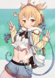 Rule 34 | 1girl, andira (granblue fantasy), animal ears, blonde hair, blue shorts, breasts, circlet, closed mouth, commentary, crop top, double v, eyebrows hidden by hair, fur-trimmed shorts, fur trim, granblue fantasy, hands up, highres, long sleeves, looking at viewer, monkey ears, monkey girl, monkey tail, navel, red eyes, shirt, short shorts, shorts, sleeves past wrists, small breasts, smile, solo, symbol-only commentary, tail, two side up, uneg, v, white shirt