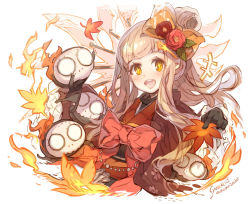 Rule 34 | +++, 1girl, :d, blonde hair, bow, commentary request, dated, flower, frills, gloves, hair flower, hair ornament, hairclip, haku (sabosoda), japanese clothes, kimono, leaf, looking at viewer, maple leaf, nightmare (sinoalice), open mouth, orange eyes, red riding hood (sinoalice), sinoalice, smile, teeth, upper teeth only, waist bow, white background
