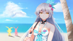 Rule 34 | 1girl, bare shoulders, beach, beach umbrella, blue sky, breasts, cleavage, cloud, cloudy sky, hair ornament, highres, holding, holding umbrella, homei (honkai impact), homu (honkai impact), honkai (series), honkai impact 3rd, kiana kaslana, kiana kaslana (herrscher of the void), long hair, looking at viewer, outdoors, sand, shirt, sky, sleeveless, sleeveless shirt, smile, solo, starfish hair ornament, umbrella, white hair, white shirt, yang zheng yu, yellow eyes