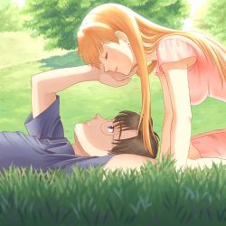 Rule 34 | 1boy, 1girl, aida kensuke, beard, bent over, blue eyes, breasts, brown hair, closed eyes, day, dress, earrings, evangelion: 3.0+1.0 thrice upon a time, face-to-face, facial hair, forest, girl on top, glasses, grass, grin, hand on another&#039;s face, jewelry, long hair, looking down, looking up, masago ksb, nature, neon genesis evangelion, orange hair, pink dress, rebuild of evangelion, smile, souryuu asuka langley