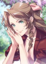 Rule 34 | 1girl, aerith gainsborough, artist name, blurry, blurry background, braid, braided ponytail, brown hair, choker, curly hair, dress, final fantasy, final fantasy vii, final fantasy vii remake, flower choker, green eyes, hair ribbon, hinoe (dd works), jacket, light blush, long hair, looking at viewer, outdoors, own hands together, parted bangs, pink dress, pink ribbon, portrait, puffy short sleeves, puffy sleeves, red jacket, ribbon, short sleeves, sidelocks, smile, solo, upper body