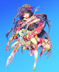 Rule 34 | 1girl, :d, blue background, cu-rim, floral print, hair ornament, highres, japanese clothes, kimono, legs, looking at viewer, open mouth, original, polearm, purple eyes, purple hair, simple background, smile, spear, weapon