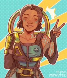 Rule 34 | 1girl, ^ ^, apex legends, artist name, black gloves, black hair, blue nails, blue shirt, blush, closed eyes, collarbone, conduit (apex legends), elbow gloves, electricity, facing viewer, fingerless gloves, freckles, gloves, hair behind ear, highres, matteo (mirapteo), nail polish, parted lips, shirt, short hair, single elbow glove, single sleeve, smile, solo, tagalog commentary, v