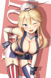 Rule 34 | 10s, 1girl, ;d, asymmetrical legwear, belt, bent over, blonde hair, blue eyes, blush, breasts, buttons, character name, cleavage, cowboy shot, downblouse, eyebrows, front-tie top, garter straps, gloves, gluteal fold, hand on own ass, hand on own thigh, headgear, highres, iowa (kancolle), kantai collection, large breasts, long hair, looking at viewer, maku ro, miniskirt, mismatched legwear, navel, one eye closed, open mouth, panties, pantyshot, skirt, smile, solo, standing, star-shaped pupils, star (symbol), stomach, striped clothes, striped thighhighs, symbol-shaped pupils, thighhighs, unbuttoned, underwear, vertical-striped clothes, vertical-striped thighhighs, wrist cuffs