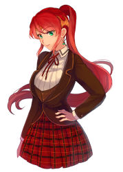 Rule 34 | 1girl, breasts, circlet, commentary request, cowboy shot, green eyes, hair between eyes, hand on own hip, large breasts, long hair, long sleeves, looking at viewer, ponytail, pyrrha nikos, red hair, rwby, school uniform, simple background, skirt, smile, solo, sora (efr), standing, white background