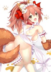 Rule 34 | 1girl, 7 calpis 7, animal ears, animal hands, apron, ass, blush, breasts, bridal garter, collar, convenient censoring, fang, fate/grand order, fate (series), fox ears, fox tail, hair ribbon, large breasts, long hair, looking at viewer, looking back, maid headdress, naked apron, open mouth, pink hair, ribbon, sideboob, solo, tail, tamamo (fate), tamamo cat (fate), tamamo cat (third ascension) (fate), tamamo no mae (fate/extra), type-moon, yellow eyes