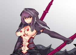 Rule 34 | 1girl, alternate hair length, alternate hairstyle, breasts, capelet, cu chulainn (fate), cu chulainn (fate) (all), cu chulainn (fate/stay night), cu chulainn alter (fate), cu chulainn alter (fate/grand order), depo (typebaby505), dual wielding, elbow gloves, fate/grand order, fate (series), gae bolg (fate), gloves, gradient background, hair between eyes, holding, holding weapon, hood, lancer, large breasts, long hair, looking at viewer, medium breasts, midriff, navel, no bra, purple gloves, purple hair, red eyes, scathach (fate), serious, solo, spiked tail, tail, tattoo, tsurime, upper body, weapon