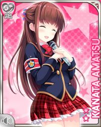 Rule 34 | 1girl, :d, amatsu kanata, armband, blazer, blue jacket, bow, bowtie, brown hair, card, character name, closed eyes, girlfriend (kari), holding, jacket, long hair, microphone, official art, open mouth, pink background, plaid, plaid skirt, qp:flapper, red armband, red bow, red eyes, red skirt, school uniform, shirt, skirt, smile, solo, standing, tagme, white shirt