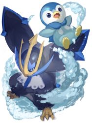 Rule 34 | blue eyes, commentary request, creatures (company), empoleon, game freak, gen 4 pokemon, highres, looking at viewer, nintendo, no humans, open mouth, outstretched arms, piplup, pokemon, pokemon (creature), tongue, water, yu (mekeneko1998)