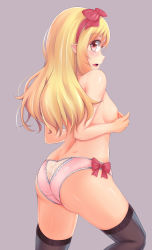 Rule 34 | 10s, 1girl, absurdres, areola slip, artist name, ass, back, bare arms, bare back, bare shoulders, blonde hair, blush, bow, bow panties, breast press, breasts, butt crack, covering breasts, covering privates, cowboy shot, eromanga sensei, fingernails, from behind, hair bow, hairband, hands up, highres, lace, lace-trimmed panties, lace trim, leg up, legs apart, long hair, looking at viewer, looking back, mikawa sansen, nipple press, nipple stimulation, open mouth, panties, pink lips, pink panties, pointy ears, red bow, red eyes, red hairband, sideboob, sideways mouth, simple background, skindentation, small breasts, solo, standing, standing on one leg, thighhighs, underwear, underwear only, yamada elf