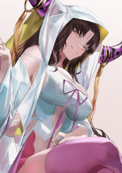 Rule 34 | 1girl, bare shoulders, black hair, blazpu, breasts, chest tattoo, cleavage, collarbone, crossed legs, dress, facial mark, fate/extra, fate/extra ccc, fate (series), forehead mark, grin, highres, horns, large breasts, long hair, long sleeves, looking at viewer, parted bangs, sessyoin kiara, sideboob, smile, solo, tattoo, thighhighs, thighs, veil, very long hair, wavy hair, white dress, wide sleeves, yellow eyes