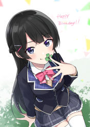 Rule 34 | 1girl, arm support, black hair, black jacket, blazer, blue eyes, blush, bow, bowtie, braid, breasts, closed mouth, clover, collared shirt, commentary request, four-leaf clover, french braid, hair ornament, hairclip, hand up, happy birthday, highres, jacket, lapels, long hair, long sleeves, looking at viewer, nail polish, nijisanji, pink bow, pink bowtie, pink nails, plaid, pleated skirt, pocket, ribbed sweater, shirt, simple background, sitting, skirt, smile, solo, split mouth, sweater, thighhighs, tsukino mito, tsukino mito (1st costume), v-neck, virtual youtuber, white background, white shirt, white thighhighs, yuama (drop)