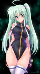 Rule 34 | 1girl, aged up, ahoge, bare shoulders, black leotard, blue eyes, blush, breasts, covered navel, einhard stratos, green hair, heterochromia, highleg, highleg leotard, highres, kamogawa tanuki, leotard, long hair, looking at viewer, lyrical nanoha, medium breasts, purple eyes, shiny skin, single stripe, solo, standing, thighhighs, twintails, white thighhighs