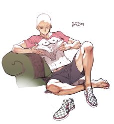 Rule 34 | 1boy, bald, casual, full body, male focus, one-punch man, pigeon666, raglan sleeves, reading, reclining, saitama (one-punch man), shirt, shoes, shorts, simple background, single shoe, sitting, sneakers, solo, t-shirt, toes, toned