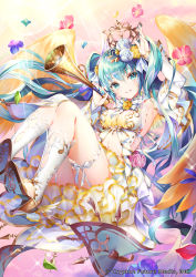 Rule 34 | 1girl, aqua eyes, aqua hair, arm up, boots, commentary, detached sleeves, dress, floating hair, flower, hair between eyes, hair flower, hair ornament, hatsune miku, hatsune miku graphy collection, high heels, highres, horn (instrument), knee boots, light rays, long hair, looking at viewer, musical note, nail polish, nemusuke, official art, photoshop (medium), solo, sunbeam, sunlight, twintails, very long hair, vocaloid, white footwear, white sleeves, wings