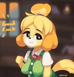 Rule 34 | 1girl, animal crossing, animal ears, animated, animated gif, black eyes, blonde hair, blouse, blurry, blurry background, bouncing breasts, breasts, dog ears, dog tail, furry, genvoke, indoors, isabelle (animal crossing), large breasts, looking to the side, nintendo, open mouth, shirt, short ponytail, short sleeves, smile, solo, tail, upper body, vest, white shirt