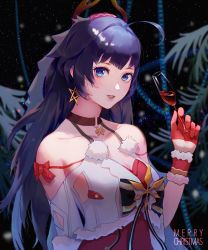 Rule 34 | 1girl, absurdres, ahoge, antlers, bare shoulders, blurry, blurry background, blush, bow, breasts, champagne flute, choker, christmas, cleavage, collarbone, cup, daylightallure, dress, drinking glass, earrings, highres, holding, holding cup, honkai (series), honkai impact 3rd, horns, jewelry, large breasts, long hair, looking at viewer, merry christmas, open mouth, ponytail, purple eyes, purple hair, raiden mei, reindeer antlers, smile, snow, snowing, solo, star (symbol), star earrings, tree, upper body, very long hair