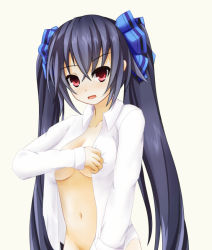 Rule 34 | 10s, 1girl, black hair, blush, breasts, covering privates, covering breasts, long hair, neptune (series), noire (neptunia), open clothes, open shirt, red eyes, sarvuant, shirt, simple background, solo, twintails, unbuttoned