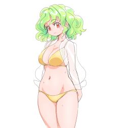 Rule 34 | 1girl, bikini, breasts, cleavage, closed mouth, commentary request, green hair, groin, kazami yuuka, large breasts, looking at viewer, navel, red eyes, s-a-murai, see-through, see-through shirt, short hair, simple background, smile, solo, swimsuit, touhou, white background, yellow bikini
