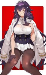 Rule 34 | 1girl, absurdres, azuma (azur lane), azur lane, black gloves, black hair, black pantyhose, blush, breasts, brown eyes, closed mouth, gloves, hair between eyes, hair ornament, hairclip, hand on own chest, highres, large breasts, long hair, looking at viewer, panties, pantyhose, sidelocks, simple background, sitting, skirt, smile, solo, underwear, white panties, yoshio (55level)