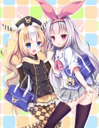 Rule 34 | 2girls, :d, :p, alternate costume, argyle, argyle clothes, argyle legwear, ass, azur lane, bag, bag charm, black jacket, blonde hair, blue eyes, blush, brown legwear, brown mittens, character charm, character doll, charm (object), closed mouth, collared shirt, commentary request, diagonal stripes, fur-trimmed mittens, fur trim, grey skirt, hair ribbon, hat, heart, highres, hobby (azur lane), hobby (little idol schoolgirl) (azur lane), jacket, kalk (azur lane), kalk (snow fairy schoolgirl) (azur lane), karaage3, long hair, long sleeves, looking at viewer, mittens, multicolored hair, multiple girls, open mouth, pantyhose, pink ribbon, pleated skirt, purple eyes, ribbon, school bag, school uniform, shirt, skirt, smile, streaked hair, striped ribbon, thighhighs, tongue, tongue out, v, very long hair, waving, white hair, white ribbon, white shirt, yellow skirt