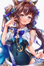 Rule 34 | 1girl, absurdres, anchor necklace, animal ears, artist name, bare shoulders, blue bow, blue eyes, blue nails, bow, commentary request, ear covers, grin, highres, horse ears, horse girl, jewelry, kazetuki, long hair, looking at viewer, multicolored hair, necklace, one eye closed, sailor collar, shirt, simple background, single ear cover, sleeveless, sleeveless shirt, smile, solo, streaked hair, twintails, umamusume, upper body, very long hair, vivlos (umamusume), w, white background, white hair, white headwear, white shirt