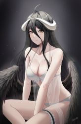 Rule 34 | 1girl, :/, absurdres, ahoge, albedo (overlord), armpit crease, bare arms, bare shoulders, between legs, bikini, black background, black wings, breasts, bridal garter, chiisa970, cleavage, closed mouth, collarbone, demon horns, feathered wings, frilled bikini, frills, gradient background, hair between eyes, halterneck, hand between legs, highres, horns, large breasts, light particles, long hair, looking at viewer, low wings, overlord (maruyama), see-through, sidelocks, signature, sitting, slit pupils, solo, swimsuit, thighs, white bikini, white horns, wings, yellow eyes