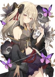 Rule 34 | 1girl, bare shoulders, black bow, black flower, black sleeves, blonde hair, blush, bow, breasts, brown hair, bug, butterfly, card, closed mouth, collarbone, commentary, cowboy shot, detached sleeves, english commentary, flower, hair between eyes, hair bow, highres, holding, holding card, insect, long hair, long sleeves, looking at viewer, navel, original, playing card, purple skirt, side ponytail, skirt, sleeveless, small breasts, solo, sutorora, two side up, very long hair, wide sleeves, yellow eyes