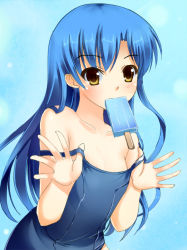 Rule 34 | 1girl, blue hair, brown eyes, clothes pull, flat chest, food, idolmaster, idolmaster (classic), kisaragi chihaya, long hair, mouth hold, odaya, odayan, one-piece swimsuit, one-piece swimsuit pull, popsicle, pulled by self, school swimsuit, solo, strap pull, swimsuit