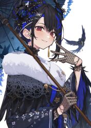 Rule 34 | 1girl, absurdres, asymmetrical horns, bird, black hair, black kimono, blue hair, blue umbrella, blush, choker, colored inner hair, demon horns, feather-trimmed kimono, frilled choker, frills, fur scarf, gloves, hair ornament, highres, holding, holding umbrella, hololive, hololive english, horn flower, horns, japanese clothes, kimono, lace, lace gloves, long hair, looking at viewer, mole, mole under eye, multicolored hair, nerissa ravencroft, nerissa ravencroft (new year), official alternate costume, official alternate hairstyle, red eyes, shadow (nerissa ravencroft), smile, tsukino (nakajimaseiki), umbrella, uneven horns, upper body, virtual youtuber