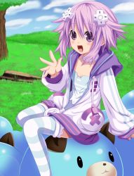 Rule 34 | 10s, 1girl, d-pad, dogoo, hair ornament, highres, image sample, looking at viewer, neptune (neptunia), neptune (series), open mouth, planeptune, purple eyes, purple hair, short hair, smile, solo, thighhighs