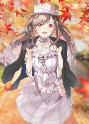 Rule 34 | 1girl, :d, autumn, autumn leaves, bag, blurry, blurry background, brown hair, commentary request, dress, falling leaves, frilled dress, frills, handbag, hat, highres, idolmaster, idolmaster shiny colors, jacket, jacket on shoulders, lavender dress, leaf, long sleeves, looking at viewer, maple leaf, open mouth, outdoors, pekoni (peconi), pink eyes, plaid, plaid dress, puffy short sleeves, puffy sleeves, short sleeves, smile, solo, tsukioka kogane