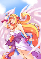 Rule 34 | 1girl, :d, angel, arm up, bare arms, bare legs, bare shoulders, blonde hair, bracelet, breasts, cherie espoir, cleavage, dress, earrings, closed eyes, female focus, jewelry, large breasts, legs, long hair, lowres, marl kingdom, necklace, nippon ichi, open mouth, puppet princess (marl kingdom), sky, smile, solo, standing, strapless, strapless dress, tsuyuka (sunny spot), very long hair, white dress, wings