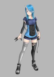 Rule 34 | 1girl, ankle boots, asymmetrical legwear, black footwear, black thighhighs, blue eyes, blue hair, blue shirt, blue shorts, boots, closed mouth, facial mark, finger cots, full body, grey background, grey thighhighs, highres, horns, kilye kairi, looking at viewer, mismatched legwear, oni, original, shirt, short shorts, shorts, simple background, single horn, smile, solo, standing, thighhighs, torn clothes, torn thighhighs