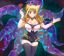 Rule 34 | 1girl, ahri (league of legends), ahri (league of legends) (cosplay), animal ears, bare shoulders, black thighhighs, blonde hair, blush, breasts, brown eyes, choker, claudia dragneel, cleavage, cosplay, fairy tail, fox ears, fox tail, hair ribbon, heart, k/da (league of legends), k/da ahri, large breasts, league of legends, long hair, looking at viewer, lucy heartfilia, ribbon, smile, solo, tail, thighhighs