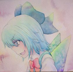 Rule 34 | 1girl, :3, blue eyes, blue hair, bow, cirno, hair bow, highres, ice, ice wings, matching hair/eyes, open mouth, painting (medium), smirk, solo, touhou, traditional media, watercolor (medium), wings, yuyu (00365676)