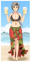 Rule 34 | 1girl, alcohol, beach, beer, bikini, blue sky, blush, breasts, camouflage, chibiosaka, chitose (kancolle), cleavage, day, grey eyes, grey hair, hair ribbon, headband, highres, huge breasts, island, kantai collection, large breasts, long hair, looking at viewer, ocean, ribbon, sand, sarong, sky, smile, solo, standing, swimsuit, tassel