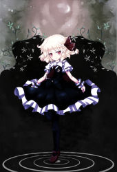 Rule 34 | 1girl, ascot, black pantyhose, blonde hair, cocozasa, crescent, darkness, female focus, hair ribbon, highres, looking at viewer, pantyhose, plant, puffy sleeves, red eyes, ribbon, rumia, shirt, short hair, short sleeves, skirt, skirt set, smile, solo, standing, standing on one leg, touhou, vest, vines, waves, wrist cuffs
