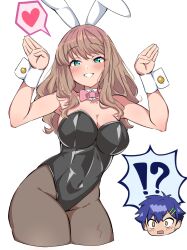 !? 1boy 1girl animal_ears asanaka_yomogi bare_shoulders black_leotard black_pantyhose blue_eyes blue_hair blush breasts brown_hair cleavage commentary_request cowboy_shot freedom_xdrive gridman_universe heart highres large_breasts leotard minami_yume pantyhose playboy_bunny rabbit_ears simple_background spoken_heart ssss.dynazenon strapless strapless_leotard white_background wrist_cuffs