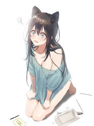 Rule 34 | 1girl, absurdres, animal ears, aqua eyes, bare legs, bare shoulders, barefoot, black hair, blush, breasts, cat ears, cat girl, cleavage, clothes pull, collarbone, commentary request, eyelashes, fish, hair between eyes, highres, kneeling, large breasts, long hair, naked shirt, no bra, off-shoulder shirt, off shoulder, original, pen, pulling own clothes, shirt, shirt pull, short sleeves, sidelocks, simple background, sinomi, solo, squiggle, tearing up, white background