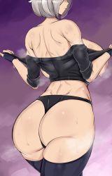 Rule 34 | 1girl, absurdres, angel (kof), ass, back, bare shoulders, black panties, breasts, erovsaaaka, fingerless gloves, from behind, gloves, highres, huge ass, huge breasts, jacket, mexico, panties, purple background, short hair, sideboob, smile, solo, steam, sweat, the king of fighters, thick thighs, thighhighs, thighs, underwear, undressing, white hair, wide hips