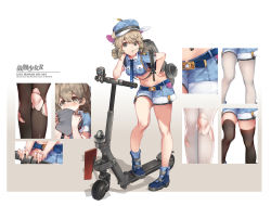 Rule 34 | 1girl, bare legs, blue footwear, blue shirt, blue shorts, boots, border, breast pocket, camouflage, character name, closed mouth, collared shirt, copyright name, crop top, flat cap, full body, gradient background, grey eyes, grey hair, hand in own hair, hand on own hip, hat, highres, kick scooter, looking at viewer, mahan (warship girls r), midriff, mouth hold, multiple views, navel, outside border, pigeon-toed, pocket, rigging, robot, shirt, short sleeves, shorts, simple background, standing, thighs, warship girls r, white border, windforcelan