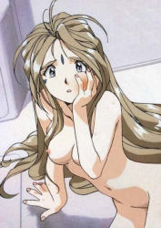 Rule 34 | 1girl, aa megami-sama, abuse, arm support, belldandy, breasts, brown hair, facial mark, forehead mark, long hair, looking at viewer, milestone celebration, nipples, nude, nude filter, sitting, small nipples, solo, third-party edit