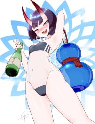 Rule 34 | alcohol, armpits, blush, breasts, cameltoe, drooling, drunk, fang, fang out, fate (series), gourd, gris swimsuit, highres, horns, looking at viewer, looking down, meme attire, midriff, moonxel, oni, pale skin, purple eyes, purple hair, sake, shuten douji (fate), simple background, skin-covered horns, small breasts, smile, sweat, swimsuit