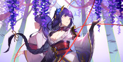 Rule 34 | 2girls, absurdres, armor, back-to-back, blue flower, braid, breasts, bridal gauntlets, change (1044080555), chinese knot, cleavage, faceless, faceless female, floating hair, flower, genshin impact, hand up, highres, japanese clothes, kimono, long hair, long sleeves, looking afar, low-braided long hair, low-tied long hair, medium breasts, mole, mole under eye, multiple girls, obiage, obijime, parted lips, purple eyes, purple flower, purple hair, purple kimono, raiden shogun, rope, shimenawa, shoulder armor, shrug (clothing), single braid, tree, very long hair, vision (genshin impact), wide sleeves