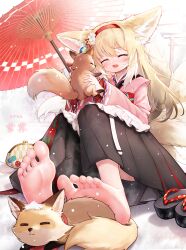 Rule 34 | 1girl, absurdres, animal ears, arknights, barefoot, blonde hair, blush, closed eyes, feet, fox ears, fox girl, fox tail, hehehzb, highres, japanese clothes, kimono, multiple tails, okobo, open mouth, sandals, soles, solo, suzuran (arknights), tail, toes, umbrella, unworn sandals