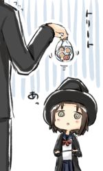 Rule 34 | 1boy, 1girl, :o, @ @, bag, black pants, black robe, blue skirt, blush stickers, brown hair, candy, comic, costume, engiyoshi, food, halloween, hat, height difference, holding, holding bag, holding wand, long sleeves, looking up, motion lines, original, out of frame, pants, pleated skirt, red ribbon, ribbon, robe, school uniform, serafuku, short hair, skirt, solo focus, standing, teasing, translated, trick or treat, wand, witch hat
