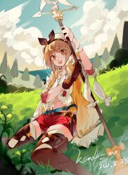 Rule 34 | 1girl, :d, absurdres, atelier (series), atelier ryza, atelier ryza 1, belt, beret, blue sky, boots, bow, bracelet, brown belt, brown footwear, brown gloves, brown hair, cloud, dated, gloves, grass, hair ornament, hairclip, hat, hat bow, highres, holding, holding staff, jacket, jewelry, kofi-mo, necklace, open clothes, open jacket, open mouth, outdoors, pouch, red shorts, reisalin stout, shirt, short hair, short shorts, shorts, signature, single glove, sitting, sky, sleeveless, sleeveless jacket, smile, solo, staff, star (symbol), star necklace, thigh boots, thigh pouch, thighhighs, wariza, white hat, white shirt, white thighhighs, yellow jacket