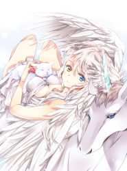 Rule 34 | 1girl, blue eyes, breasts, cat, dress, closed eyes, feathered wings, heterochromia, highres, horns, large breasts, long hair, looking at viewer, lying, mihara youzora, on back, original, silver hair, single horn, solo, unicorn, white cat, white dress, wings, yellow eyes